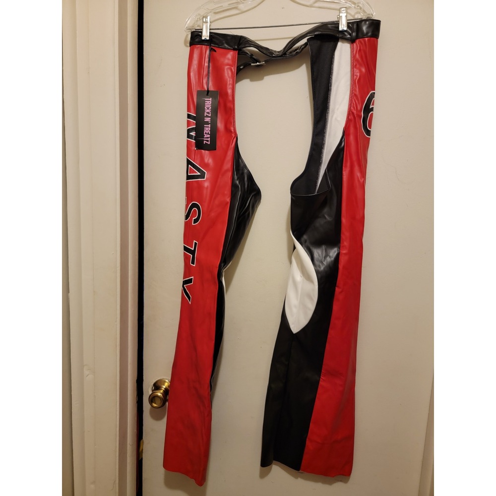 Trickz N Treatz Dolls Kill Red Black Nasty Faux Leather Chaps Womens Medium NEW
